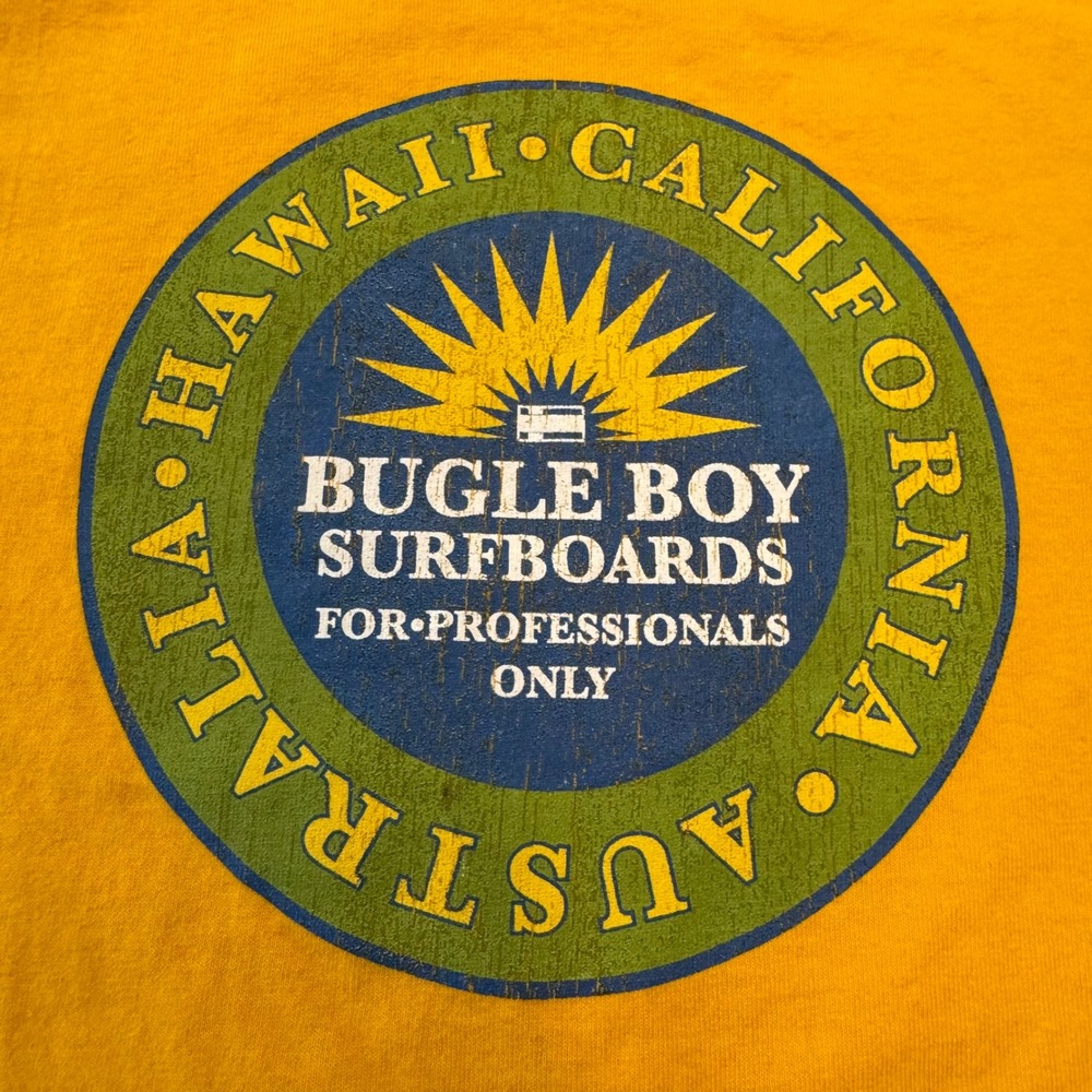 Vintage Y2K Bugle Boy Surfboards T Shirt Mens Small Yellow Gold Graphic Tee